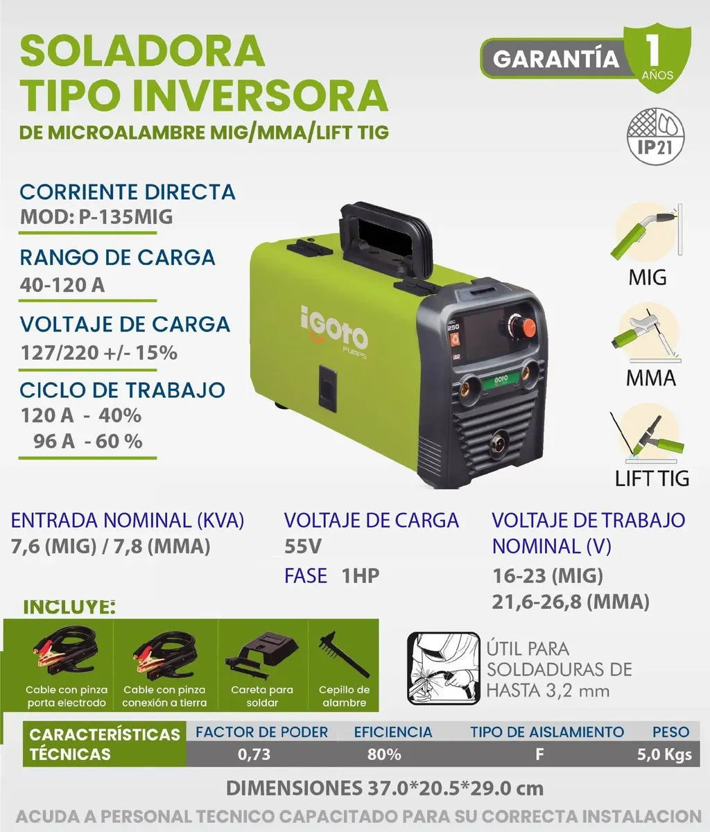 Soldadora Inversora Plus P-135mig Microalam 130a/127v