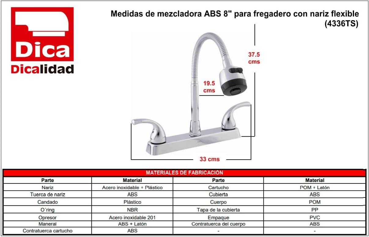 Mezcladora Cuello Flexible 8" Para Fregadero DICA 4336TS