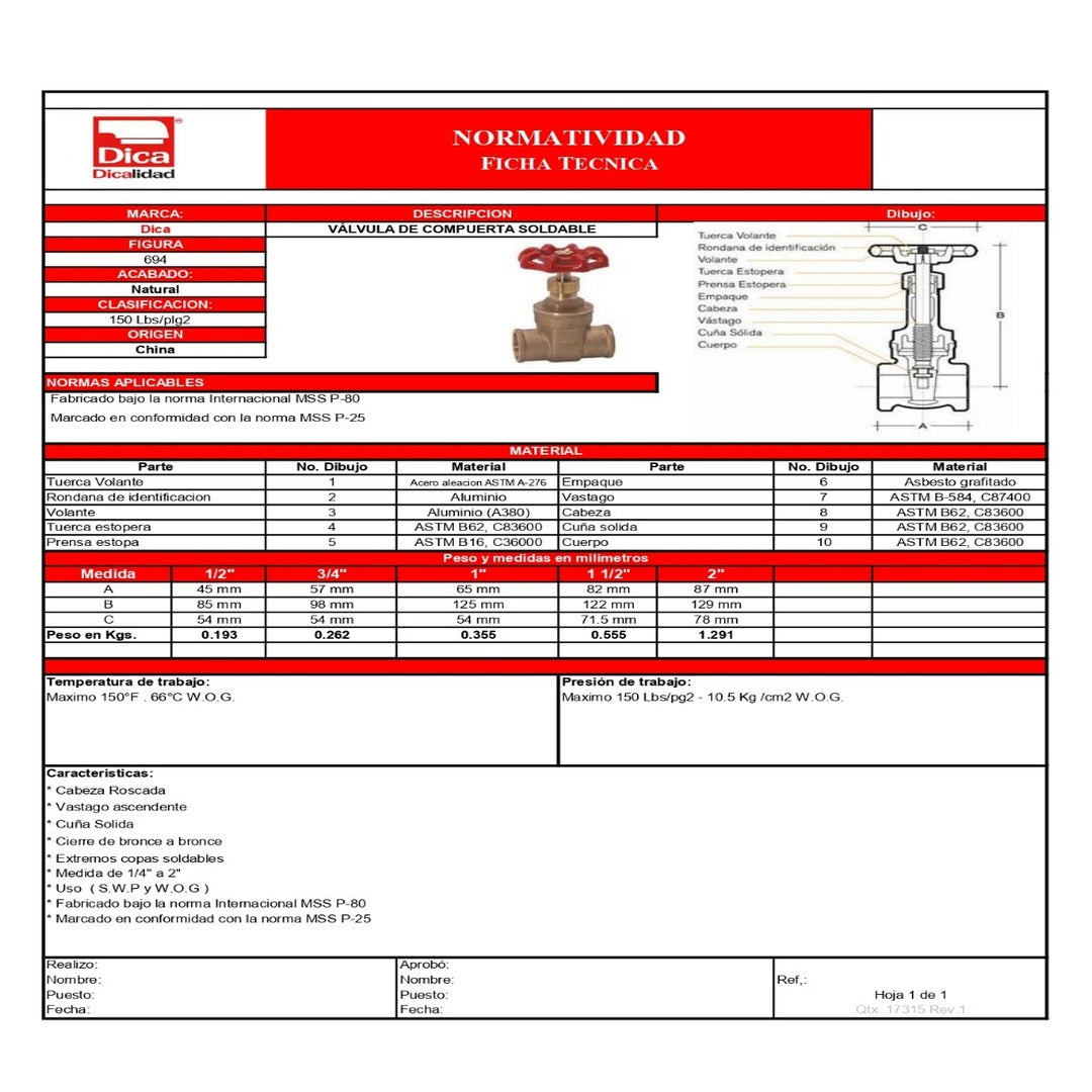 Válvula de Compuerta Soldable 1/2