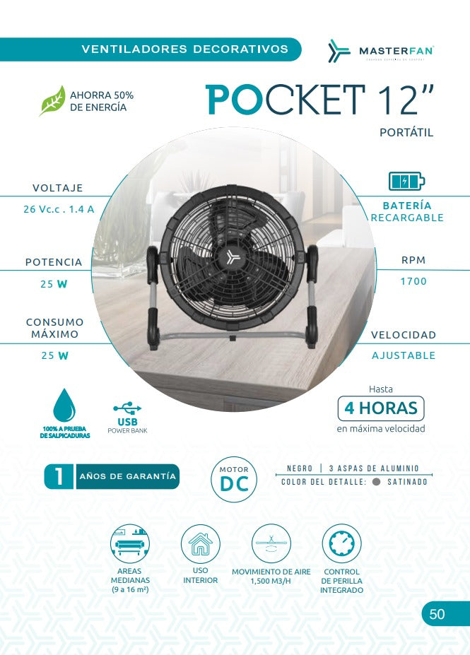 Ventilador De Piso Pocket 12" Con Power Bank Recargable
