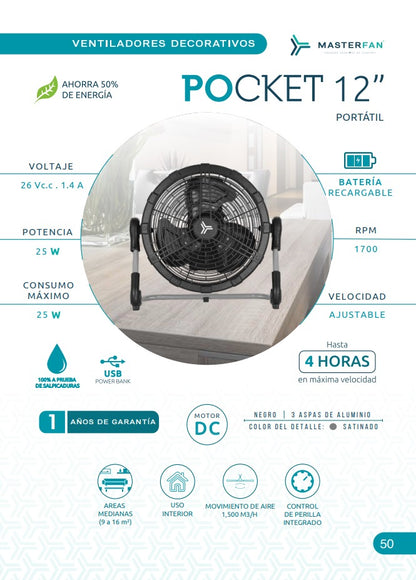 Ventilador De Piso Pocket 12" Con Power Bank Recargable