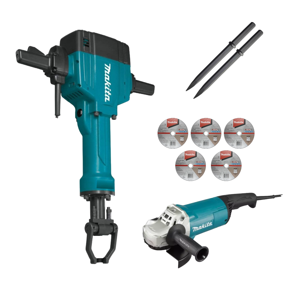 Combo Makita Martillo Demoledor 30 kg HM1801 65j + 2 Cinceles + Esmeril GA7020 + 5 Discos