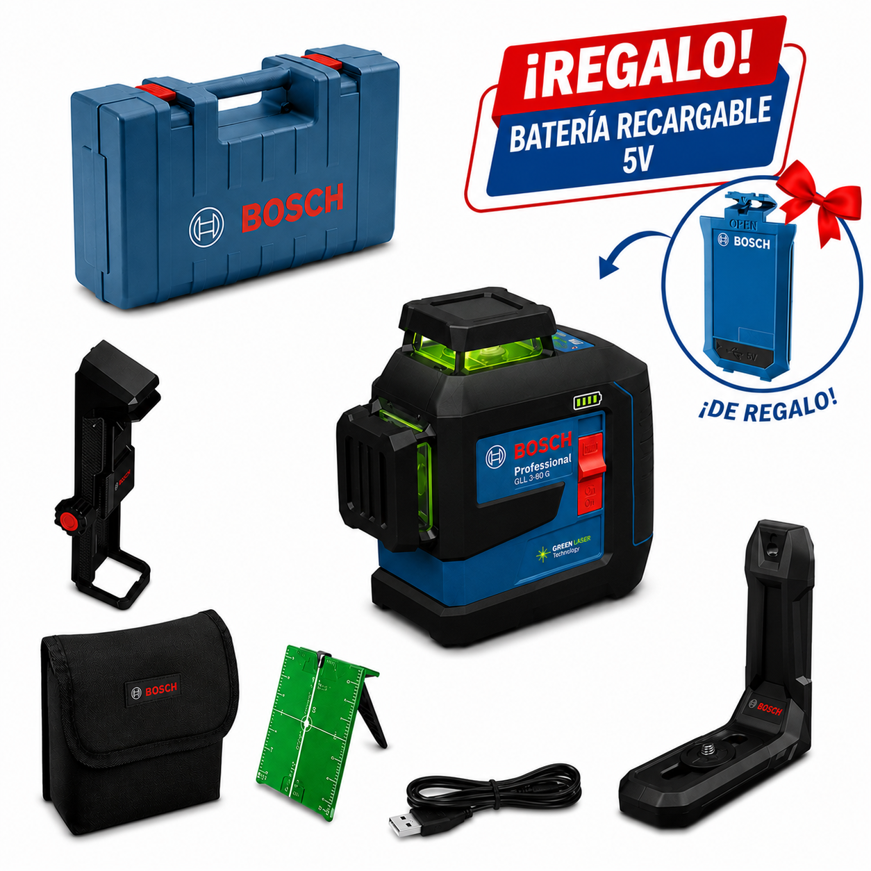 Nivel Láser Verde GLL 80-33 G Con 3 Líneas 360° + Batería 3.7V