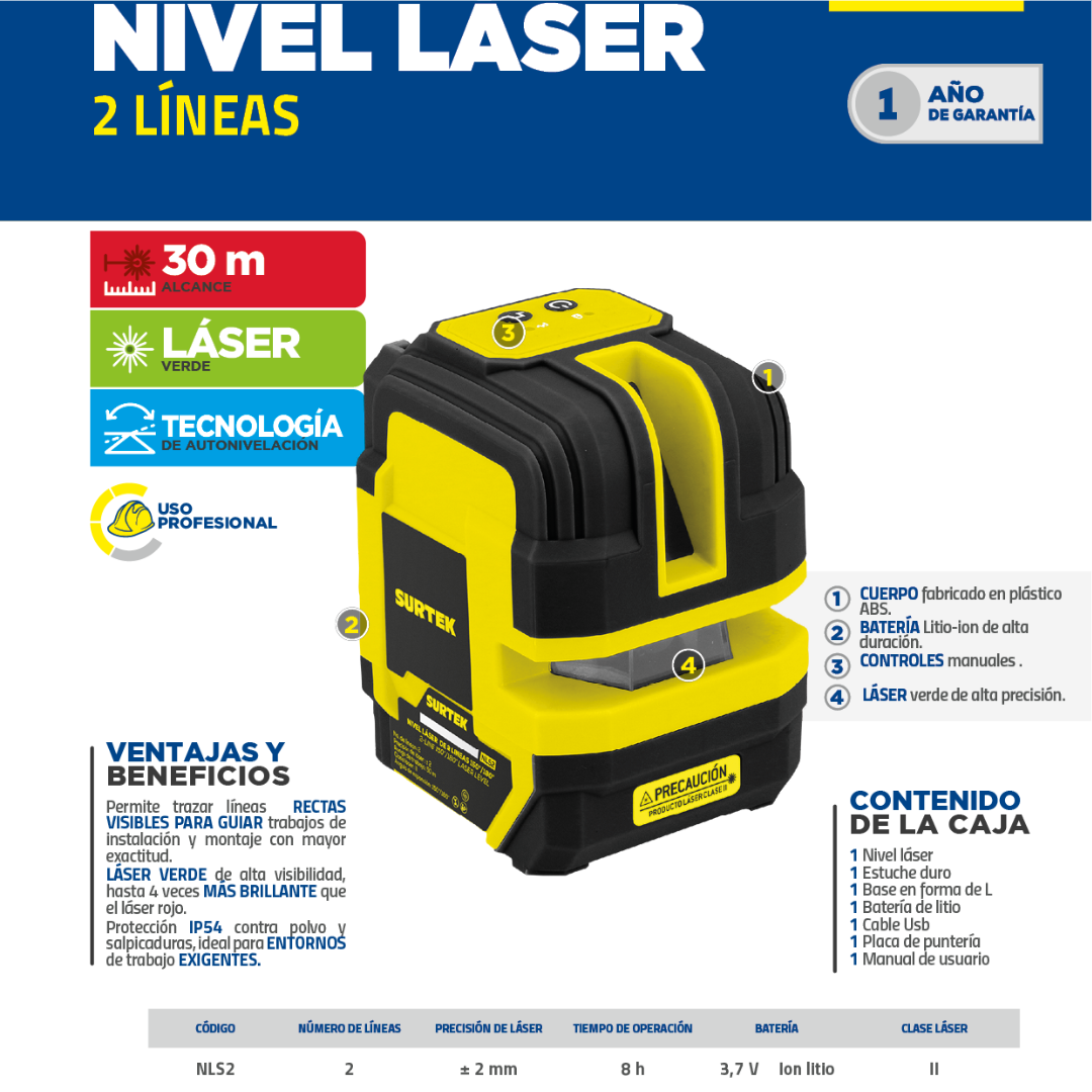 Nivel Láser NLS2 De 2 Líneas Horizontal y Vertical 180°/150° Alcance Maximo 50m