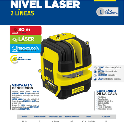 Nivel Láser NLS2 De 2 Líneas Horizontal y Vertical 180°/150° Alcance Maximo 50m