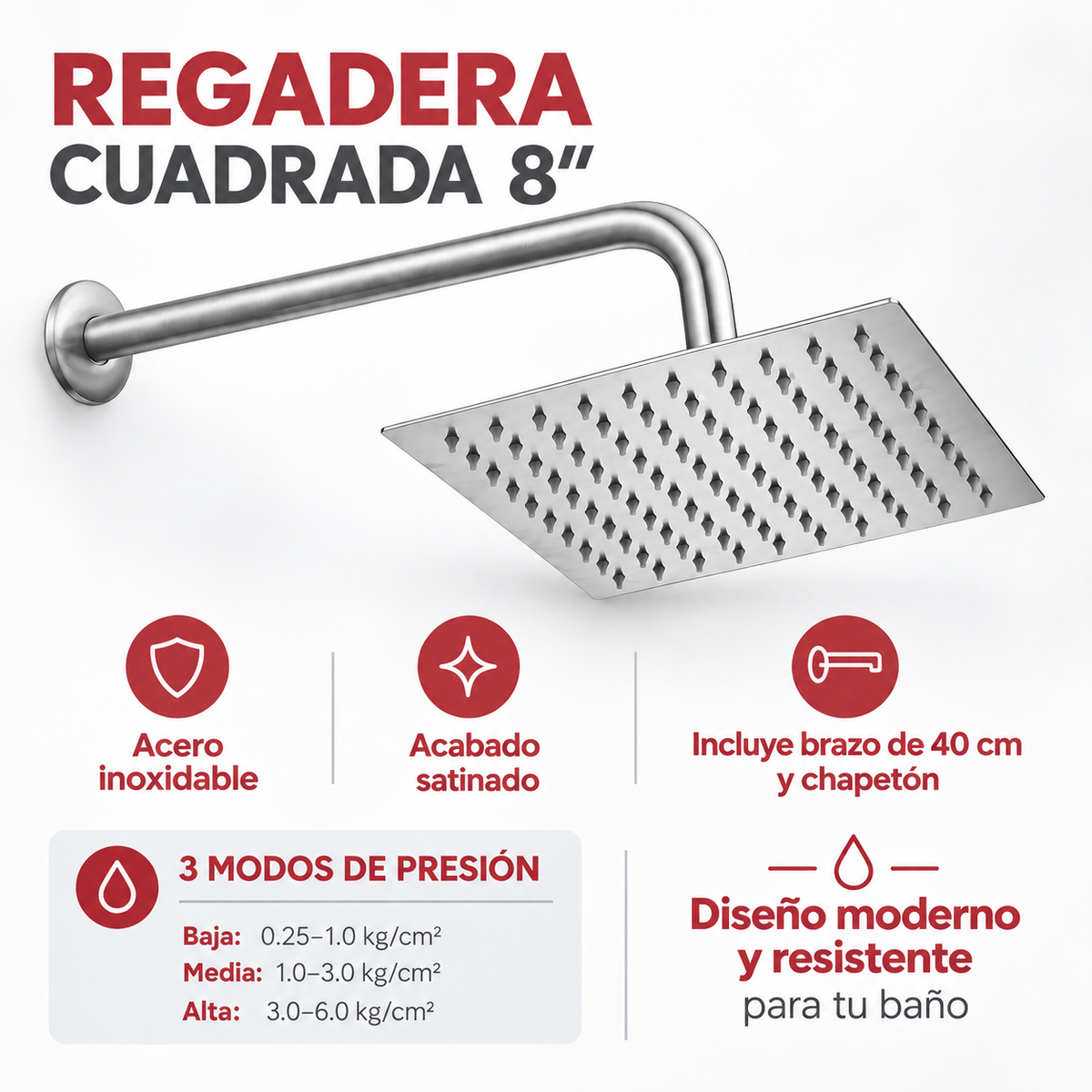 Regadera Cuadrada 8 Con Brazo Y Chapetón Satinado 4518C.9