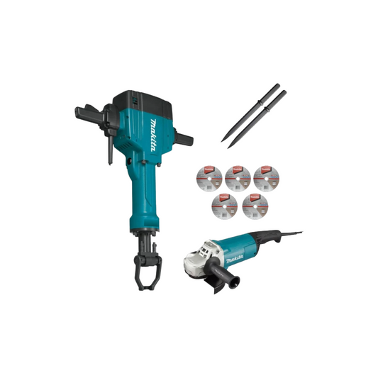 Combo Martillo Demoledor 30 kg HM1801 + 2 Cinceles + Esmeril GA7020 + 5 Discos