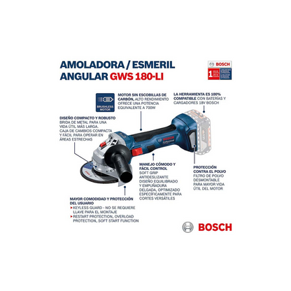 Esmeril Inalámbrico GWS 180-LI 18V + 2 Baterías + Cargador