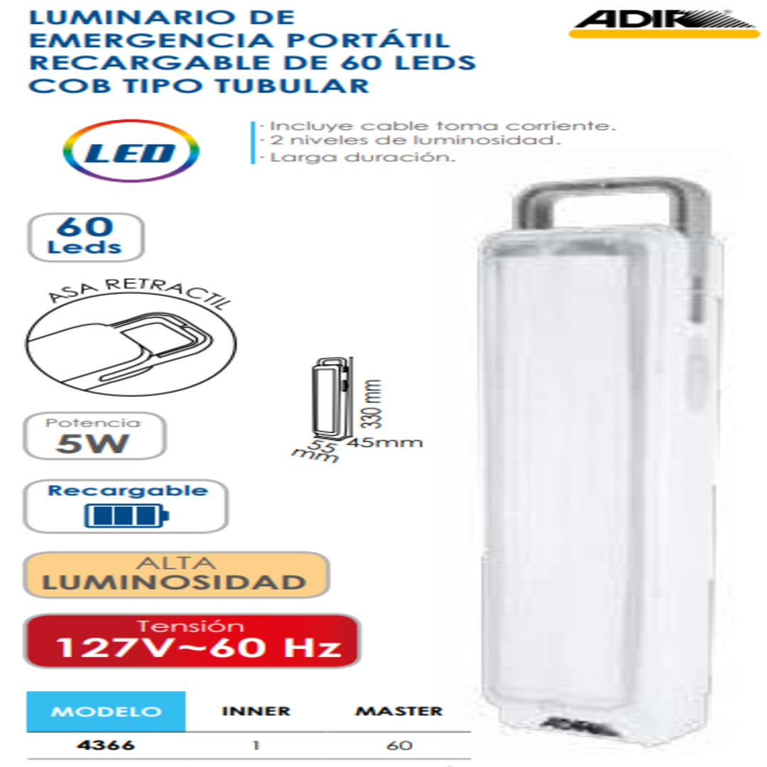 Luminario de Emergencia Portátil Recargable De LED Tubular ADIR 4366