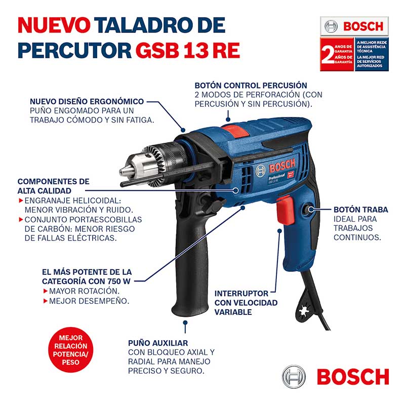Rotomartillo Bosch GSB 13 RE De 750W + 10 Brocas HSS 9/32"